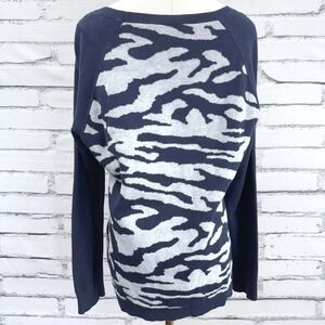 Talbots Womens Navy‎ Blue Gray Zebra Animal Print Cotton Knit Sweater Size L